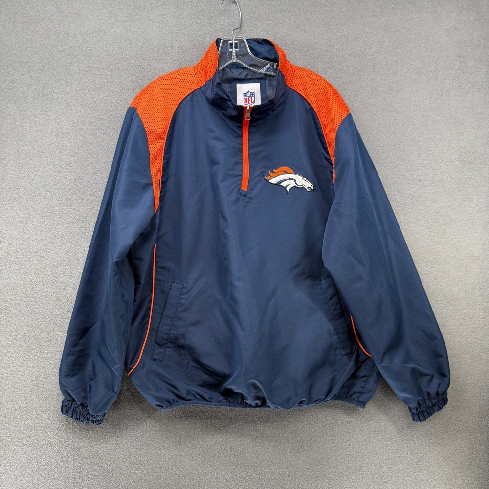 NFL Denver Broncos Jacket Mens L Navy Blue Orange Quarter Zip Windbreaker